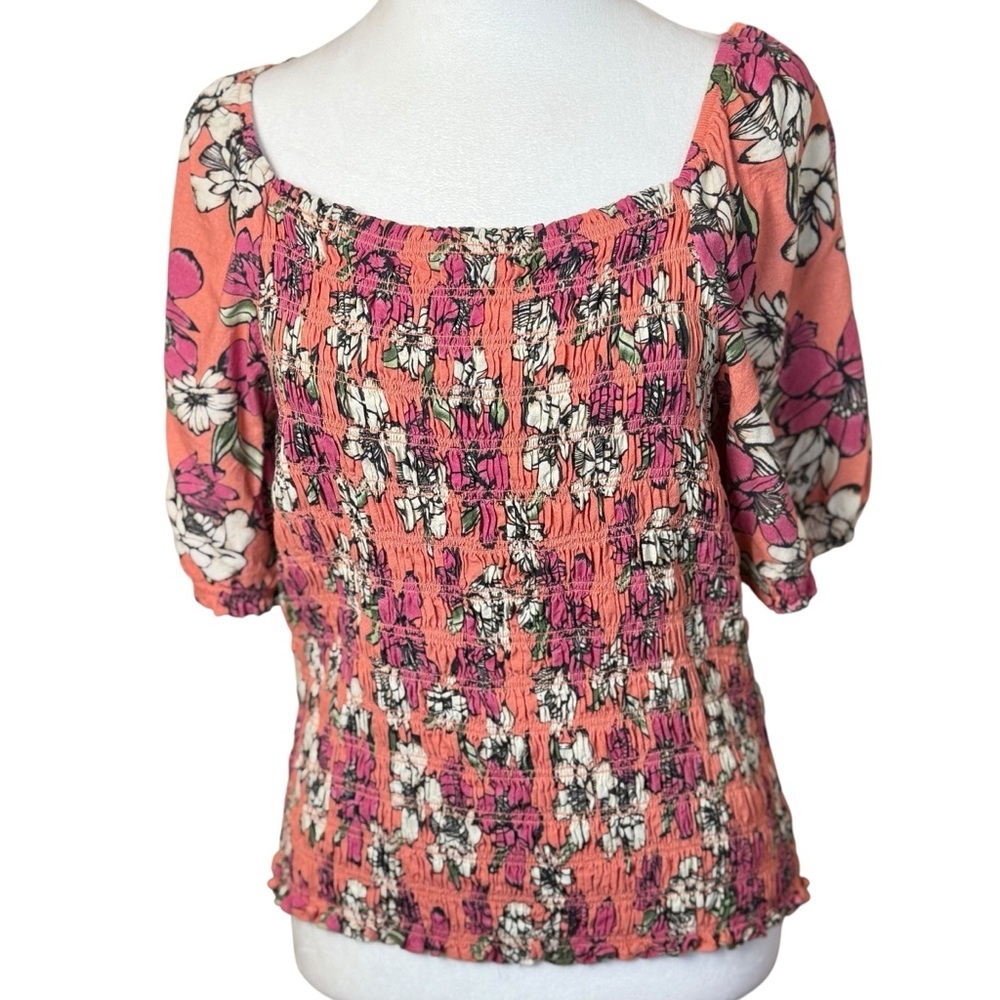 Mason & Belle Floral Smocked‎ Shirt XL Cottagecore Orange Pink Flower Garden